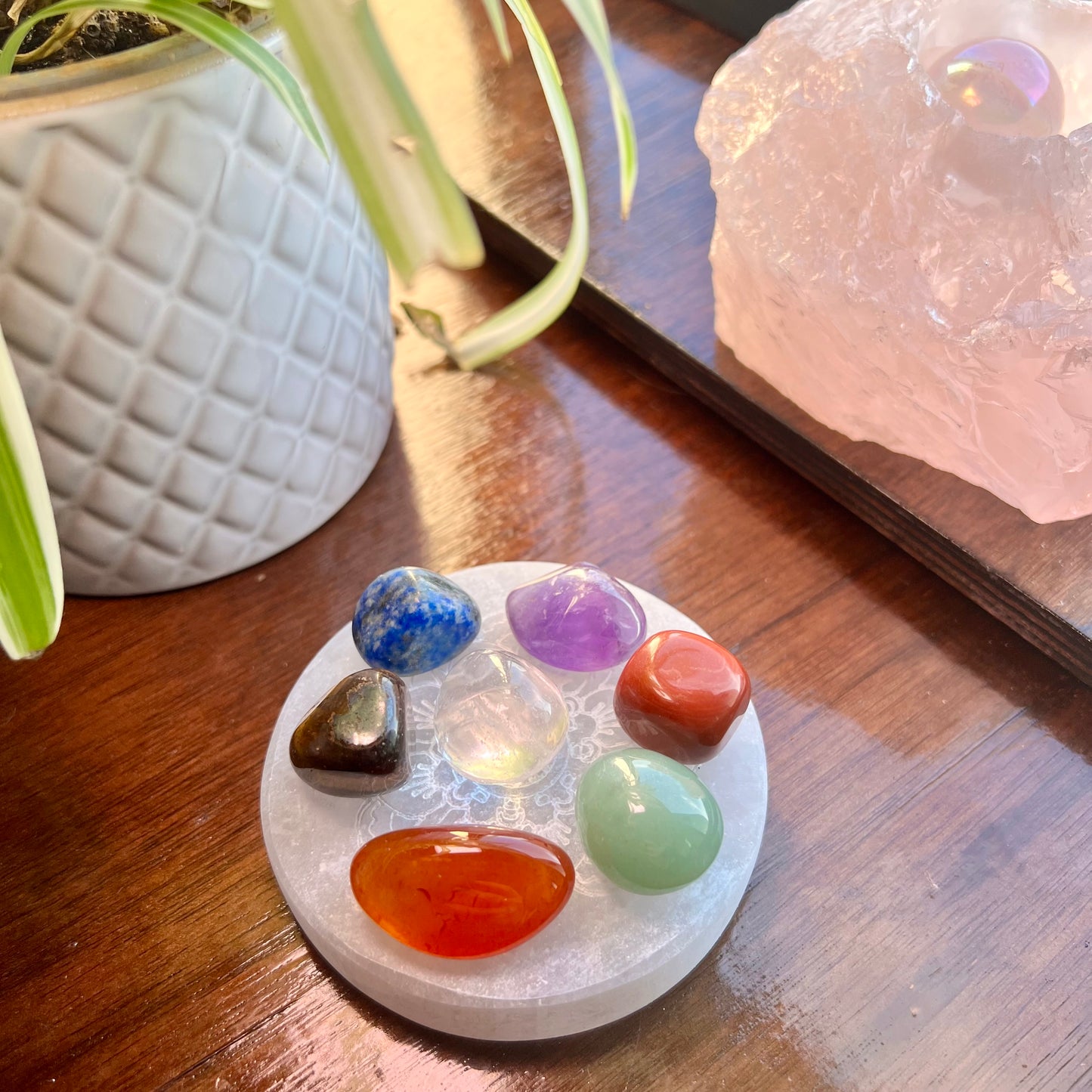 Selenite Crystal charging plate with 7 Chakra Tumblestones