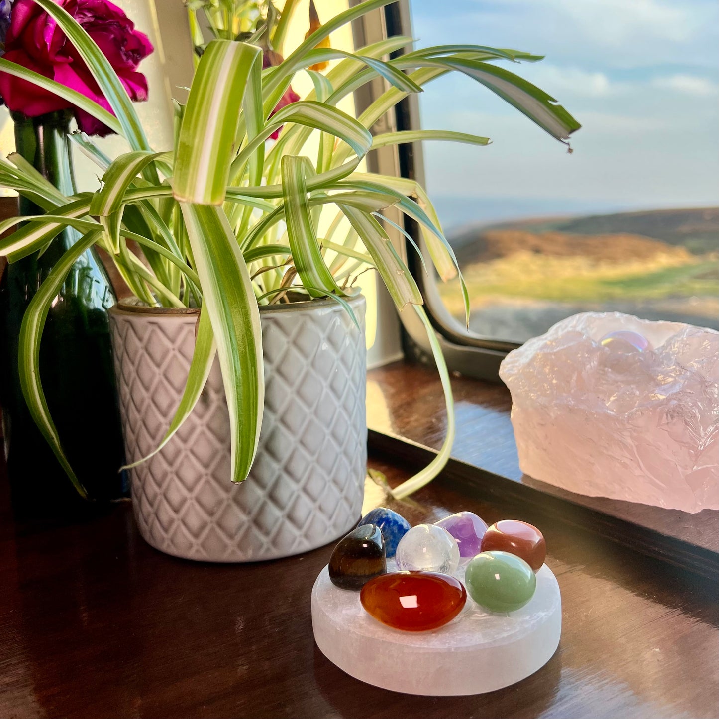 Selenite Crystal charging plate with 7 Chakra Tumblestones