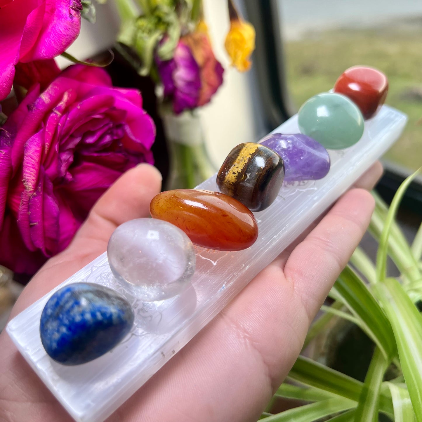 Polished Chakra Stones & Selenite Mandala Wand Set