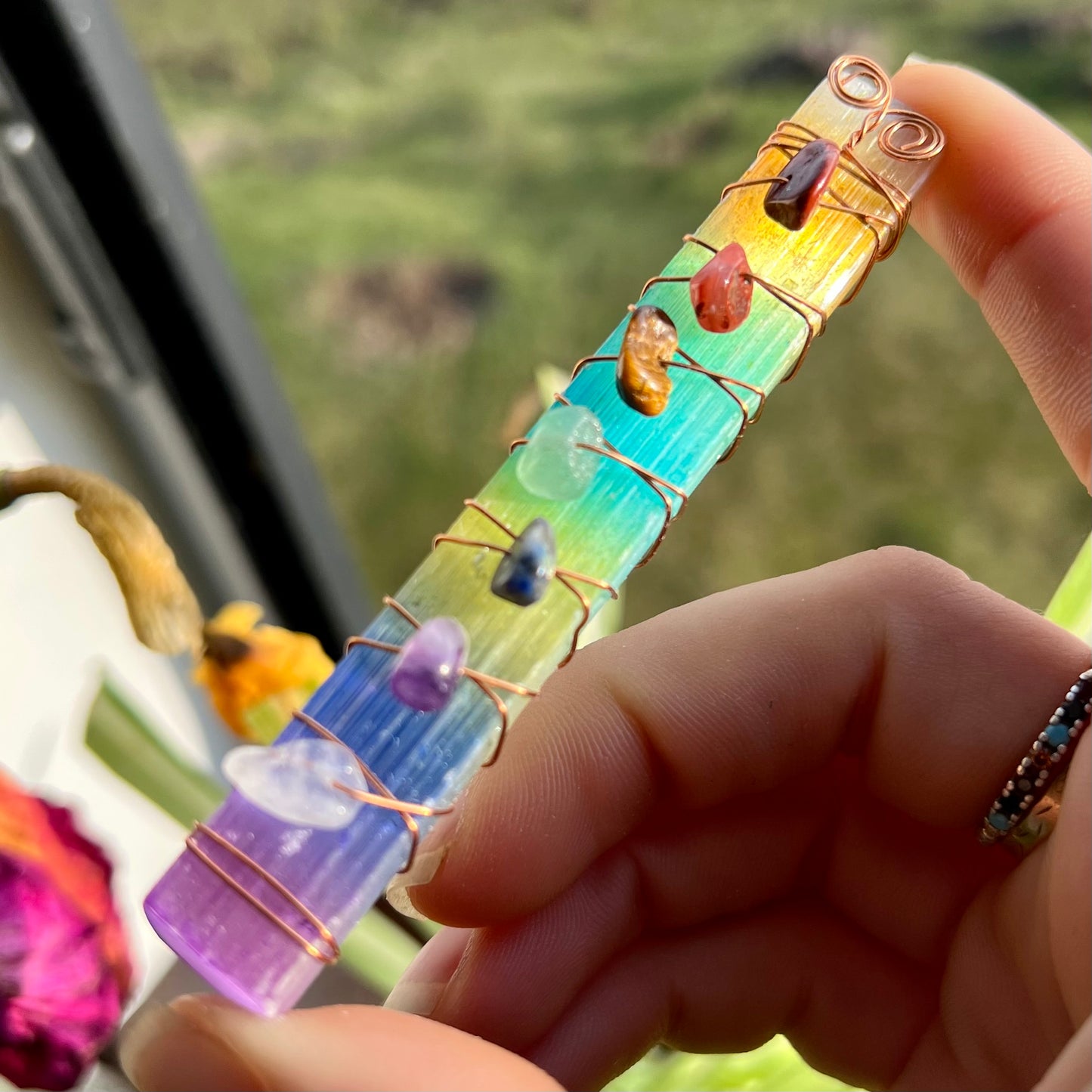 Chakra Selenite Rainbow Healing Wand