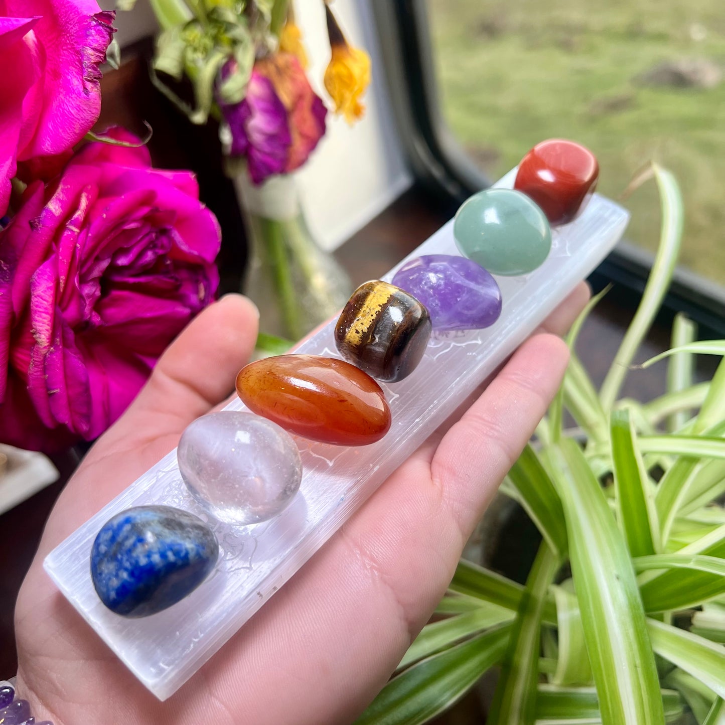Polished Chakra Stones & Selenite Mandala Wand Set