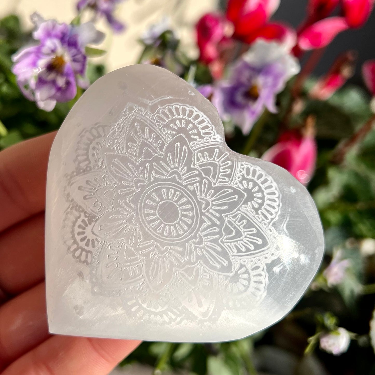 Mandala Engraved Selenite Palm Heart