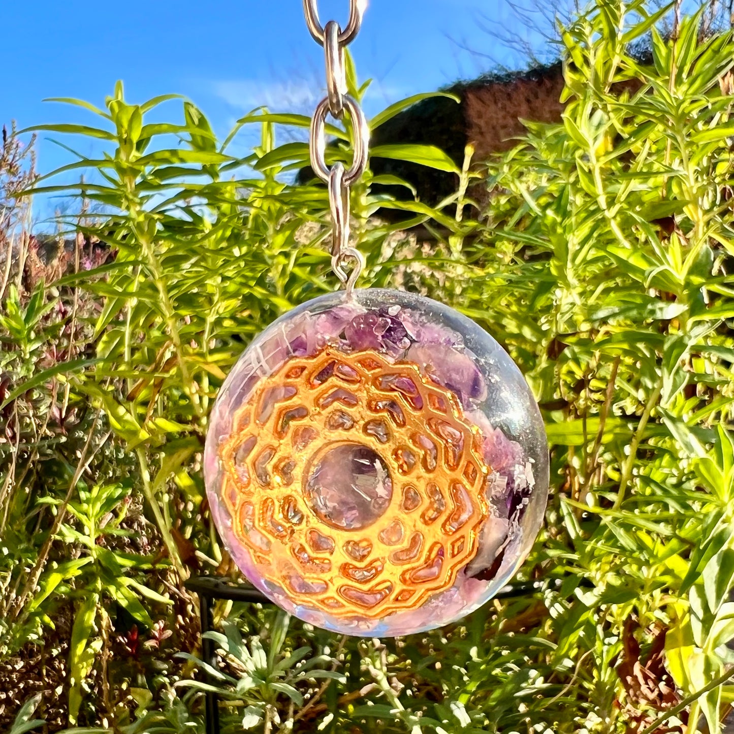 Orgonite Power Keyring - Amethyst Mandala Hearts