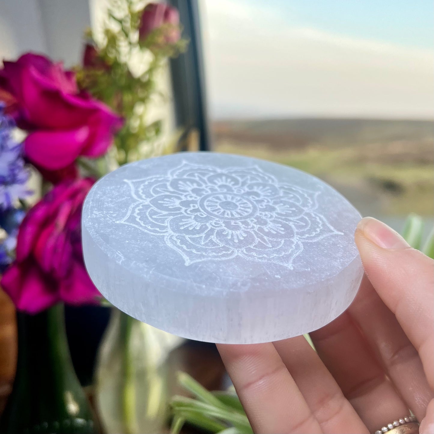 Selenite Crystal charging plate with 7 Chakra Tumblestones