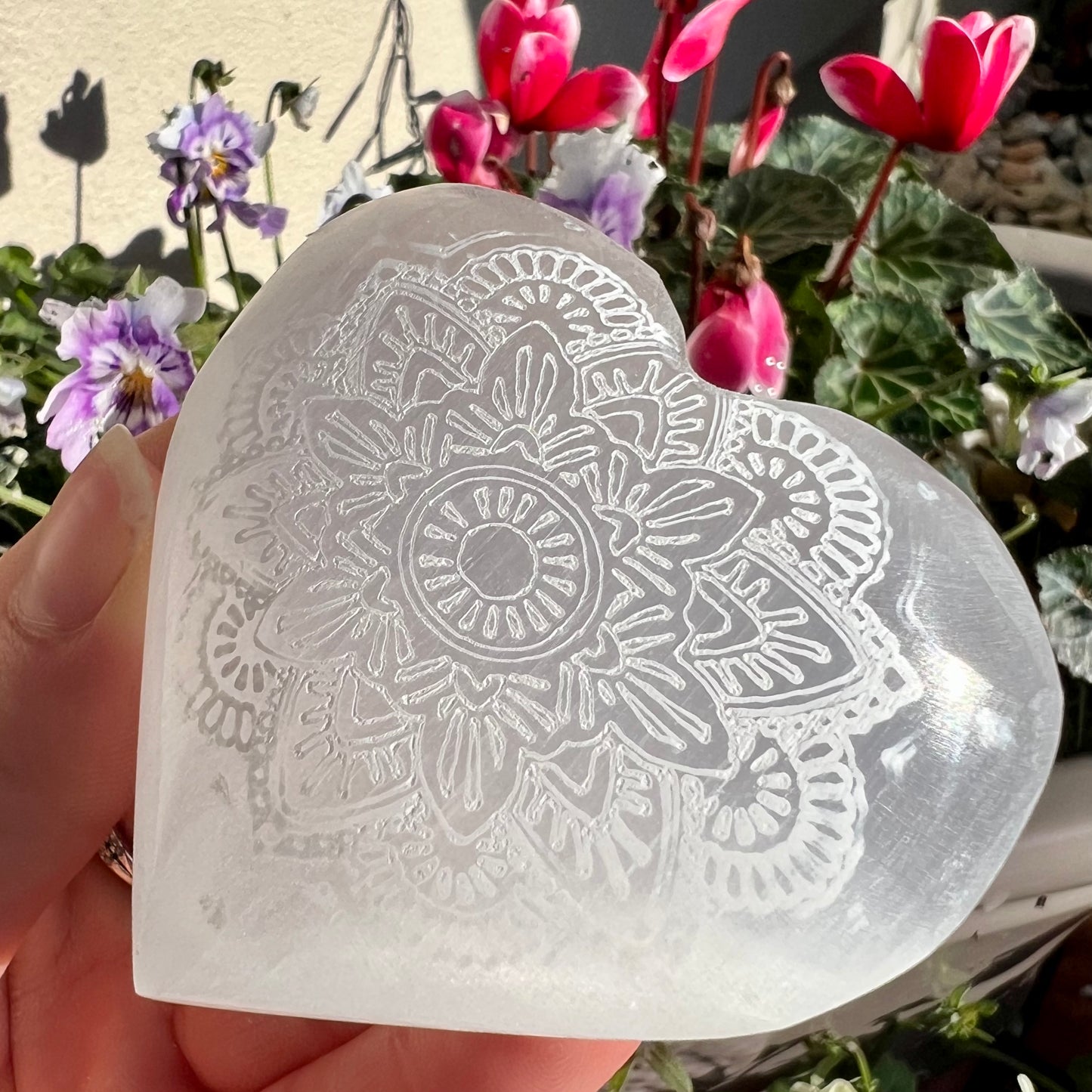 Mandala Engraved Selenite Palm Heart