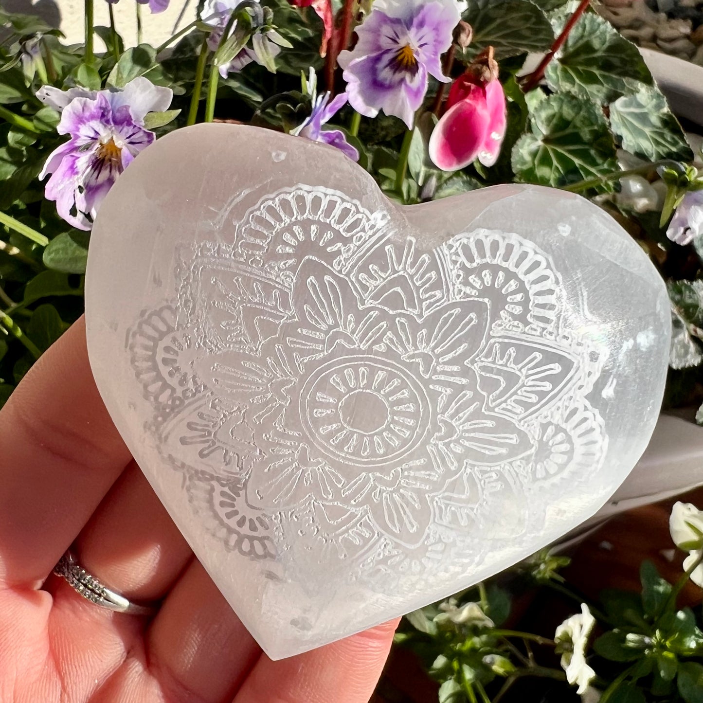 Mandala Engraved Selenite Palm Heart