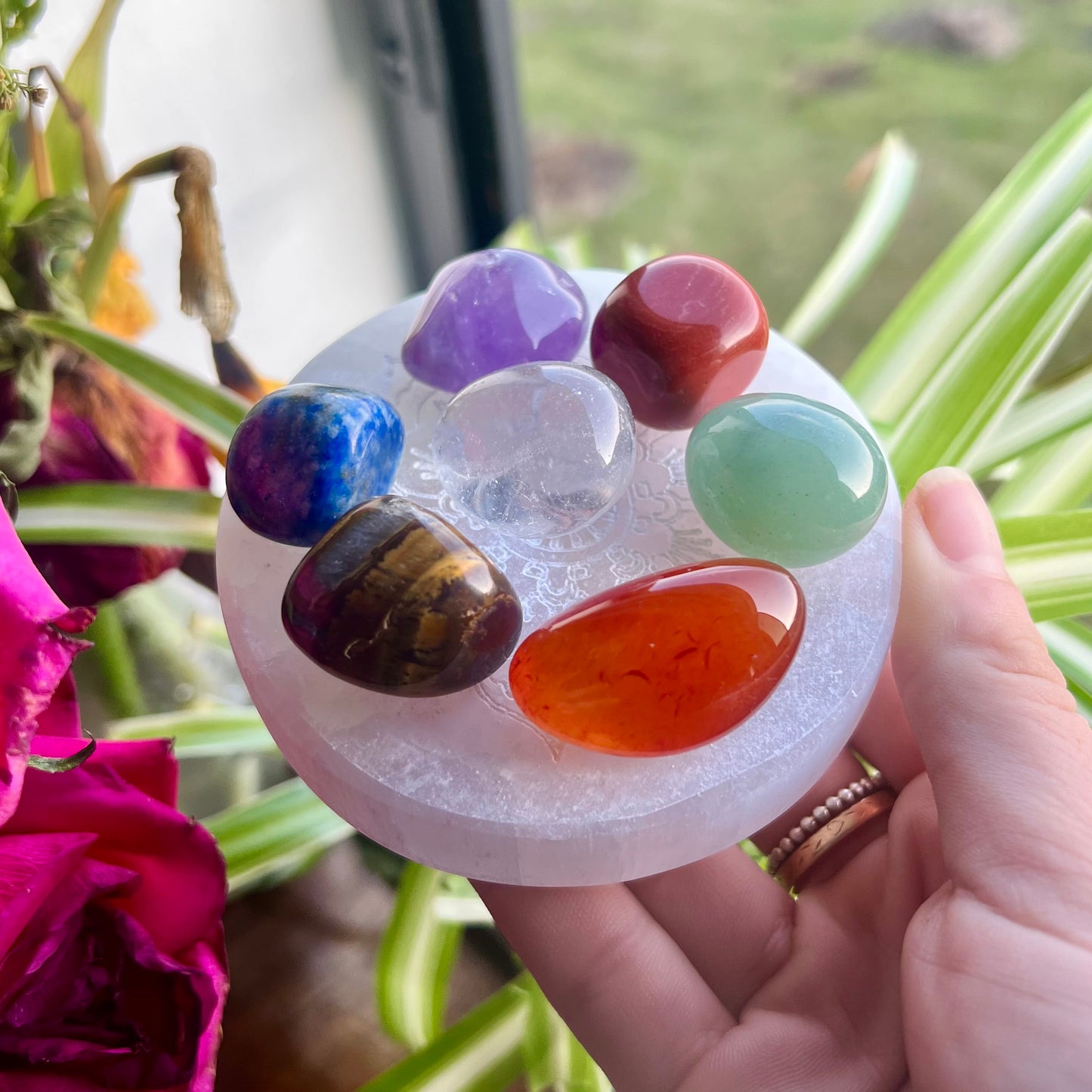 Selenite Crystal charging plate with 7 Chakra Tumblestones