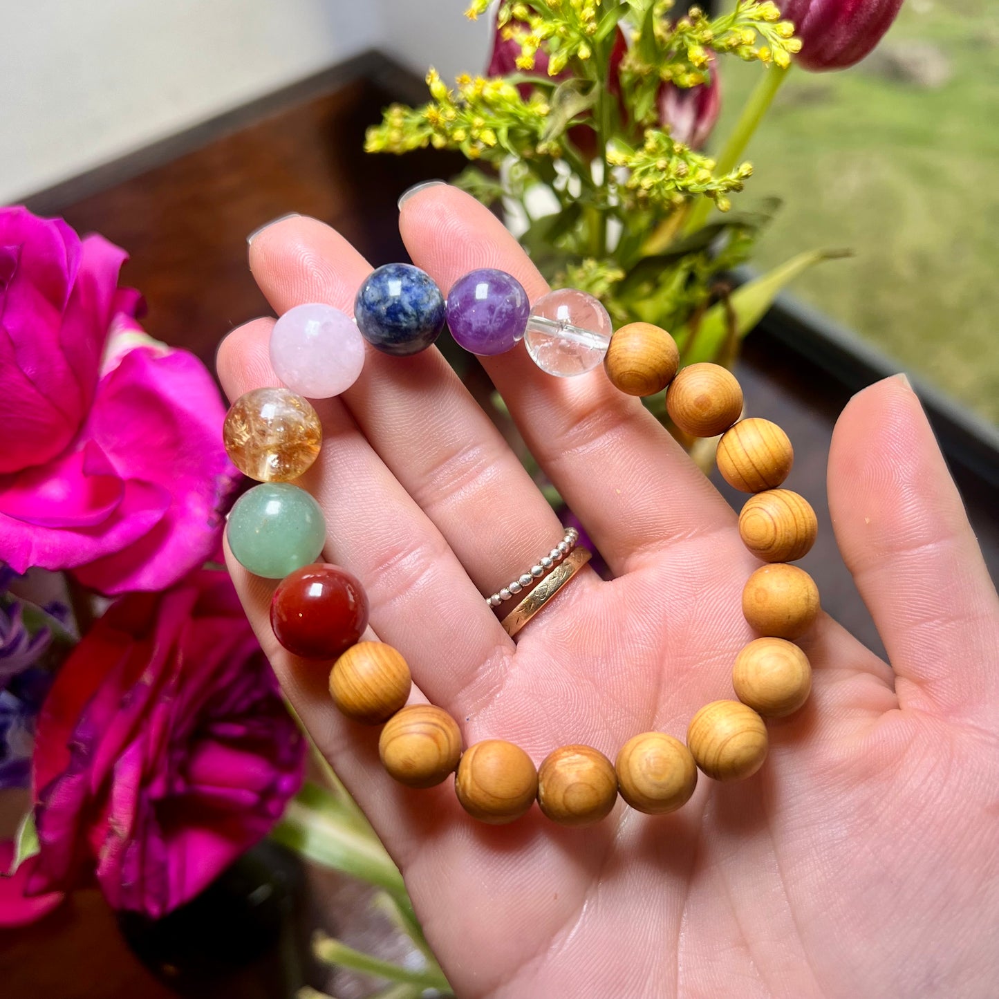 7 Chakra Crystal Cedarwood Bangle