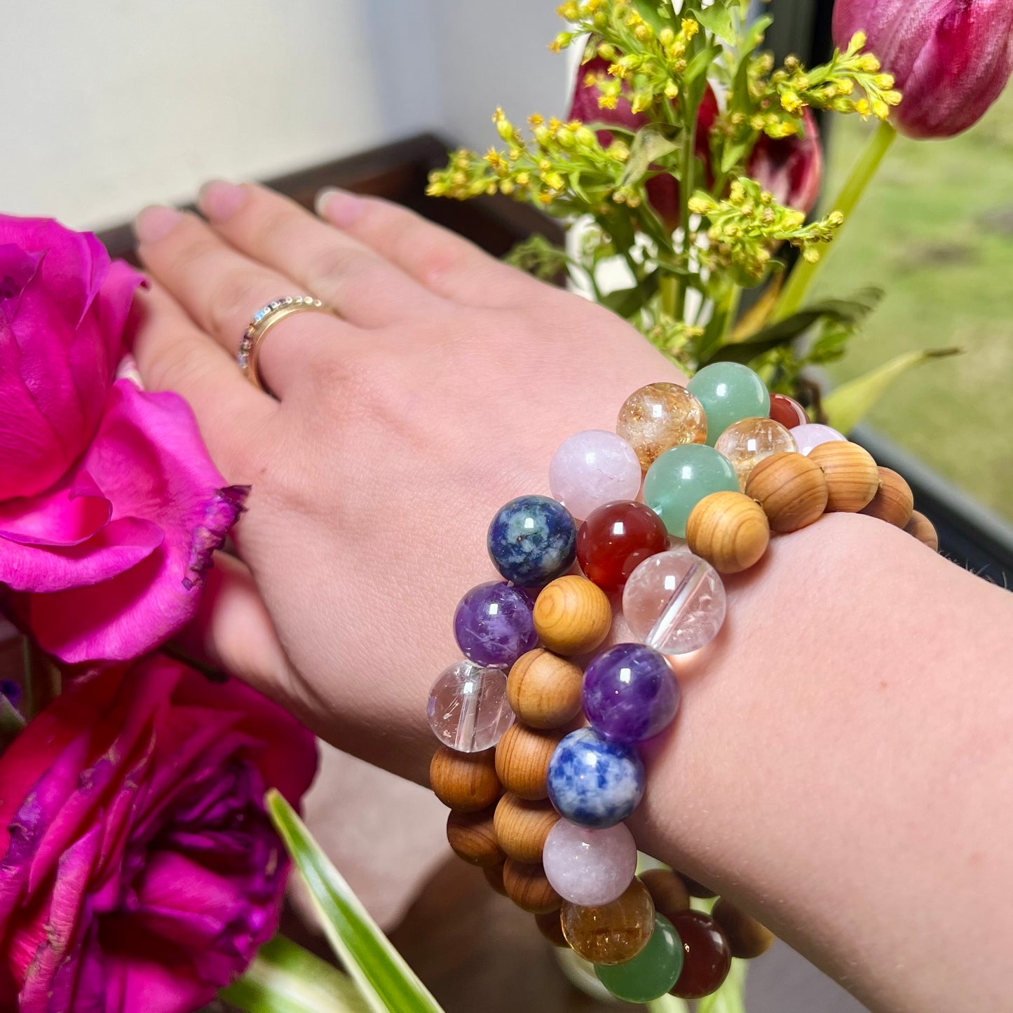 7 Chakra Crystal Cedarwood Bangle