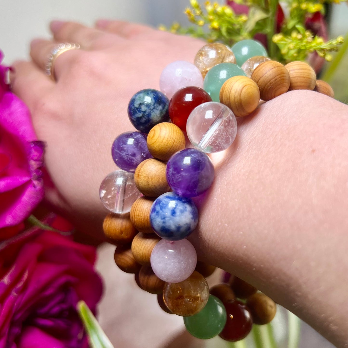 7 Chakra Crystal Cedarwood Bangle