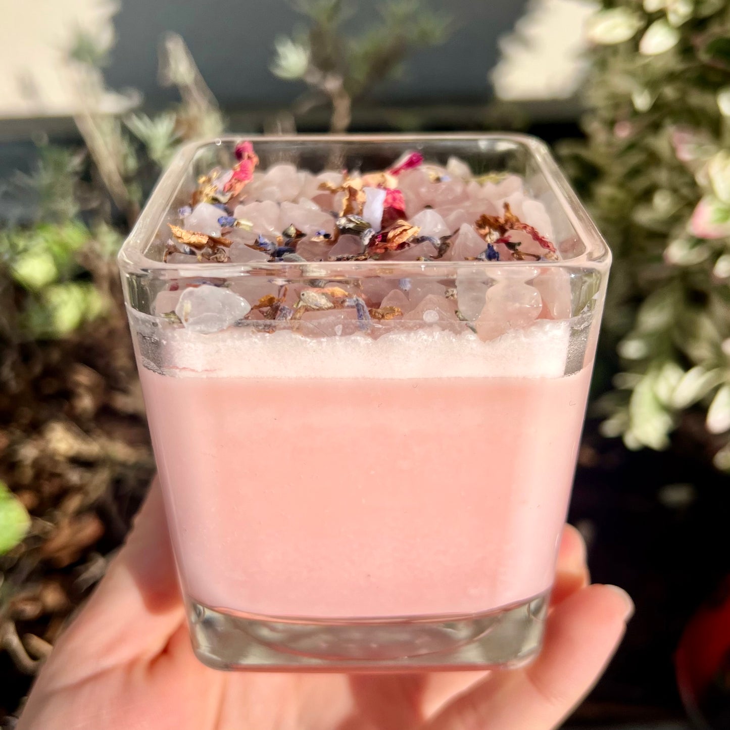 Rose Quartz Flower Petal Crystal Candle