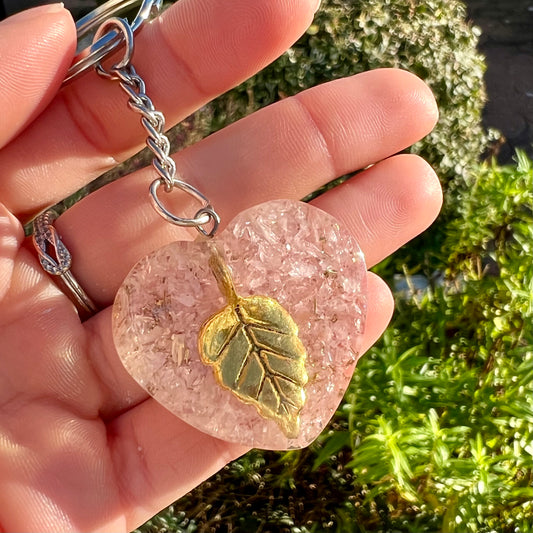 Orgonite Power Keyring - Rose Quartz Heart Golden Leaf