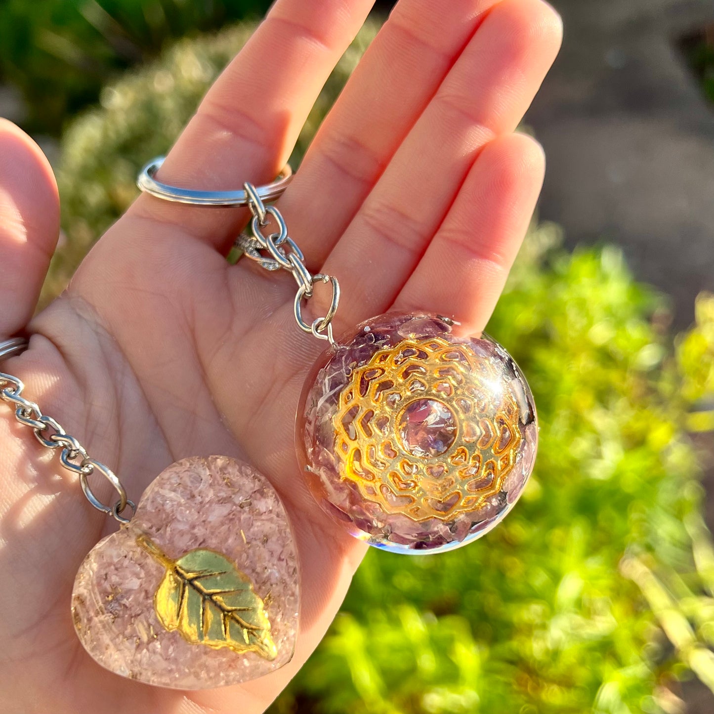 Orgonite Power Keyring - Rose Quartz Heart Golden Leaf