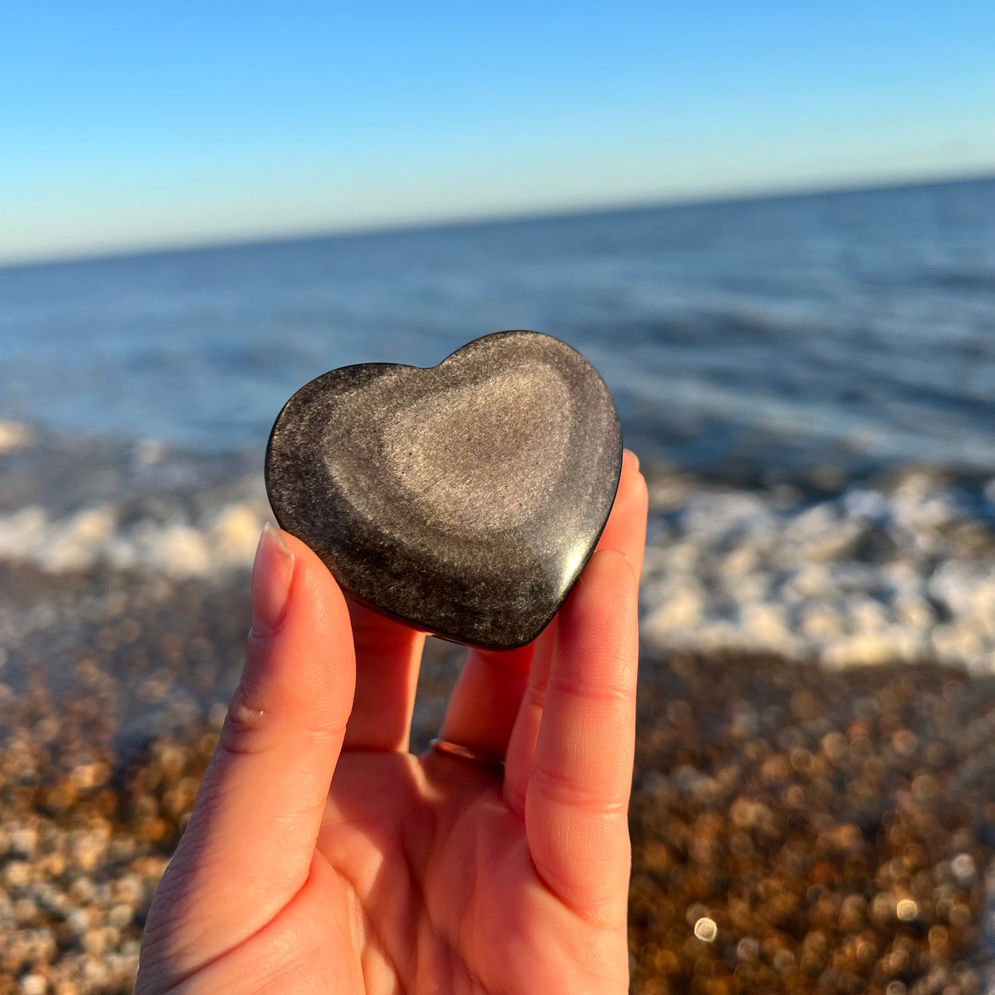 Silver Sheen Obsidian Love Heart Palm Stone