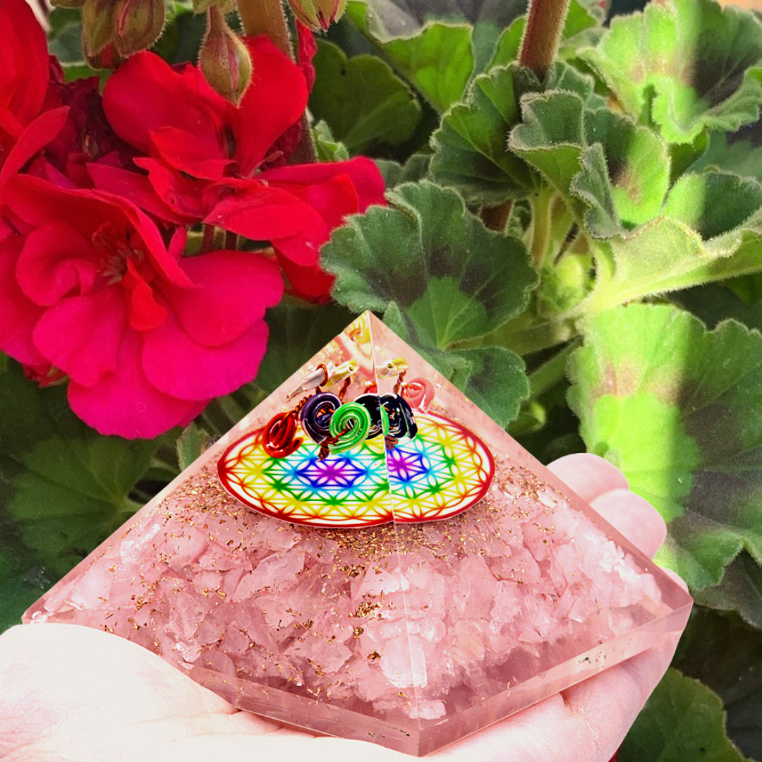 Orgonite Pyramid - Rose Quartz Rainbow Flower of Life