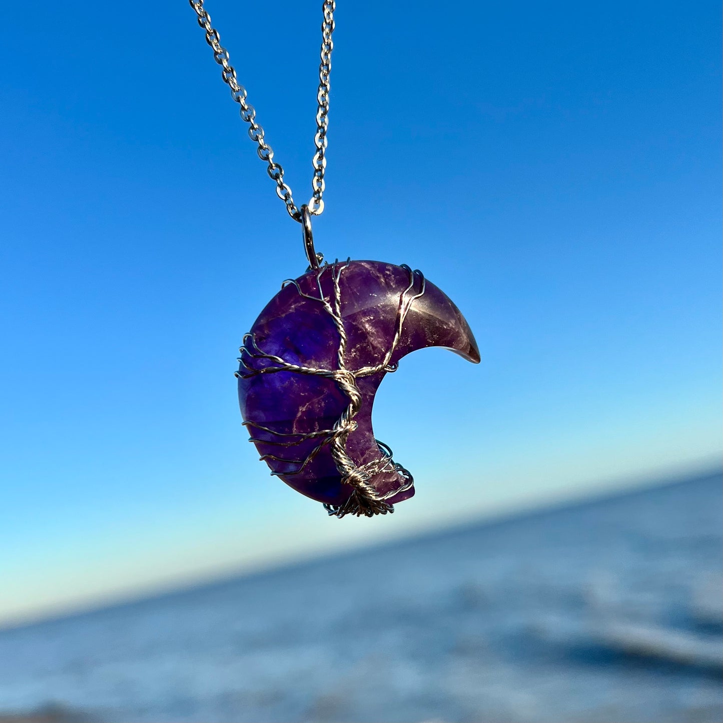 Amethyst Crescent Moon Tree Pendant Necklace