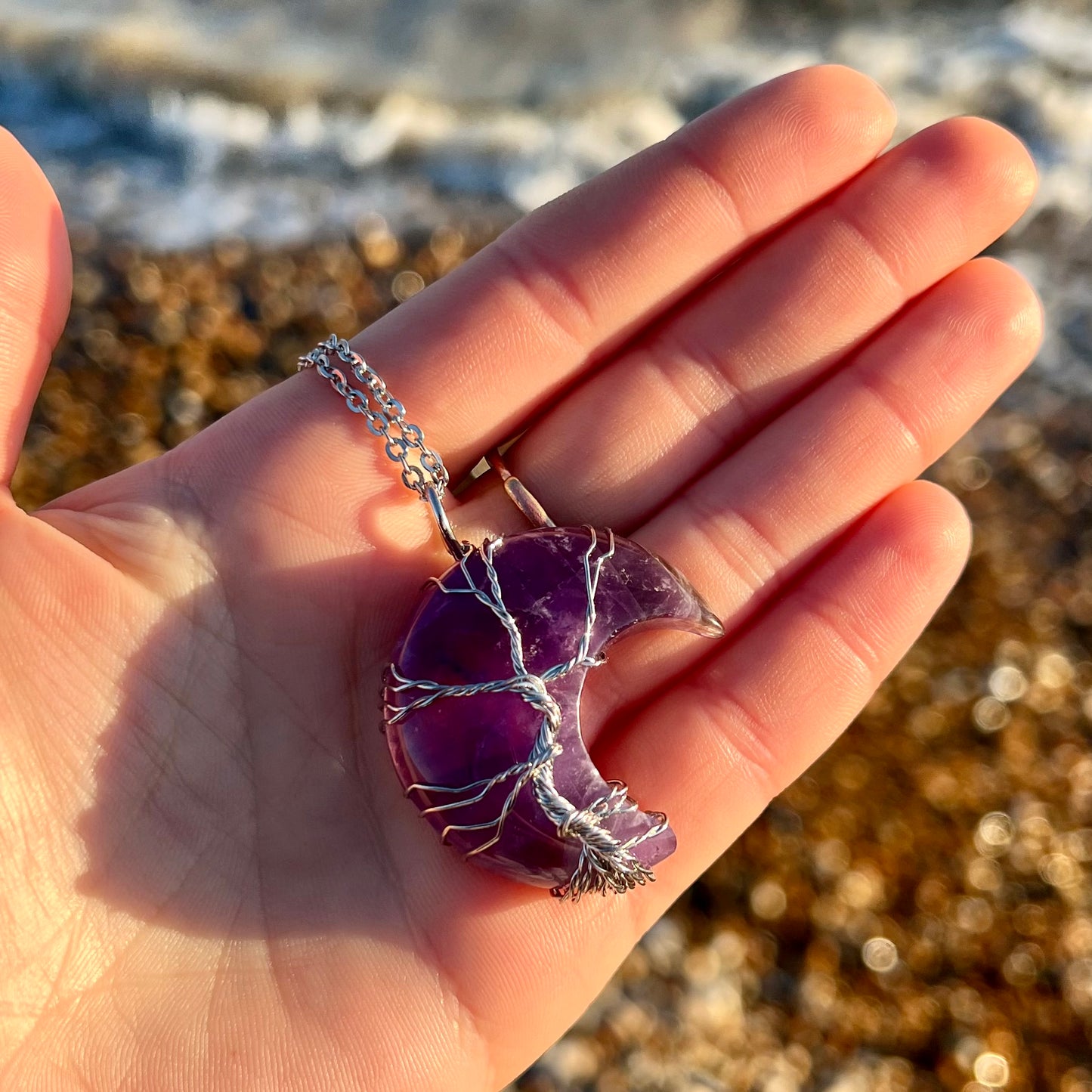 Amethyst Crescent Moon Tree Pendant Necklace
