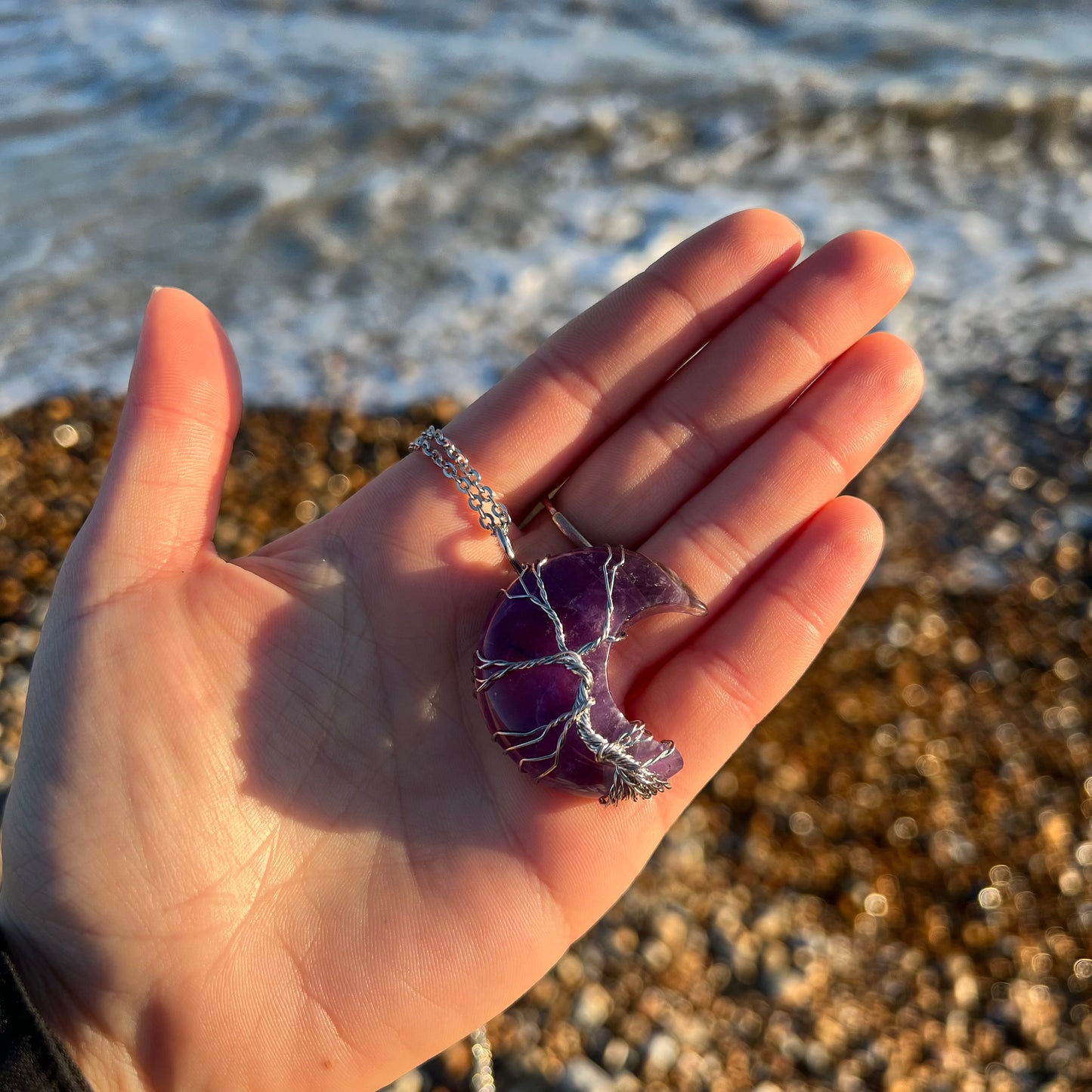Amethyst Crescent Moon Tree Pendant Necklace