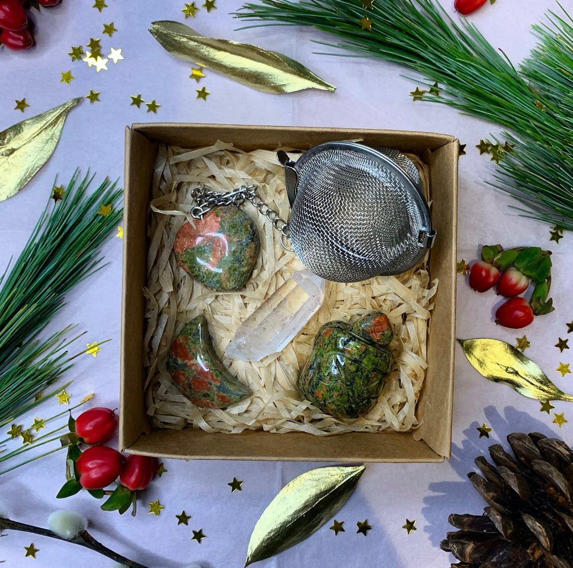 Unakite Clear Quartz Crystal Gift Box