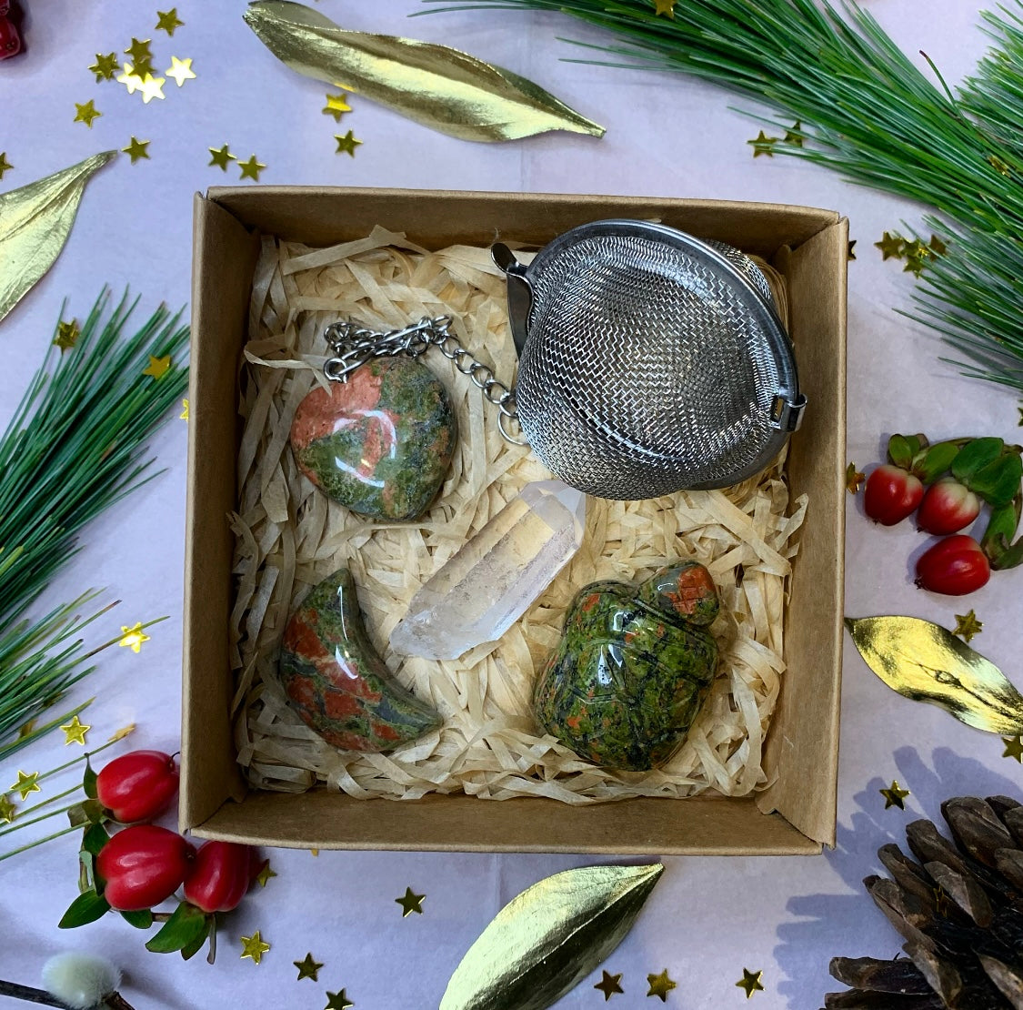 Unakite Clear Quartz Crystal Gift Box