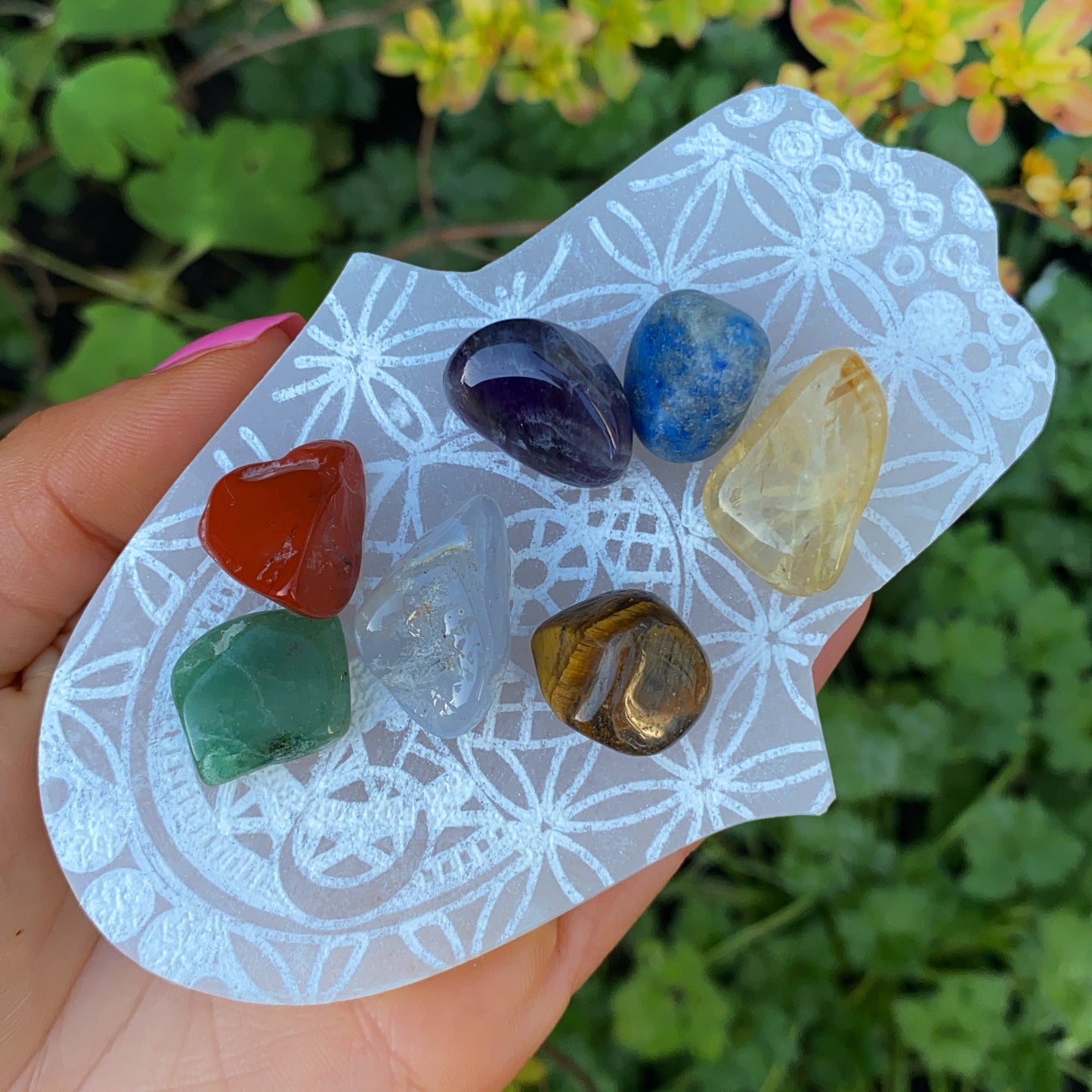 Selenite Hand of Hamsa Chakra Crystal Charging Plate Kit