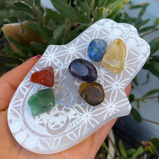 Selenite Hand of Hamsa Chakra Crystal Charging Plate Kit