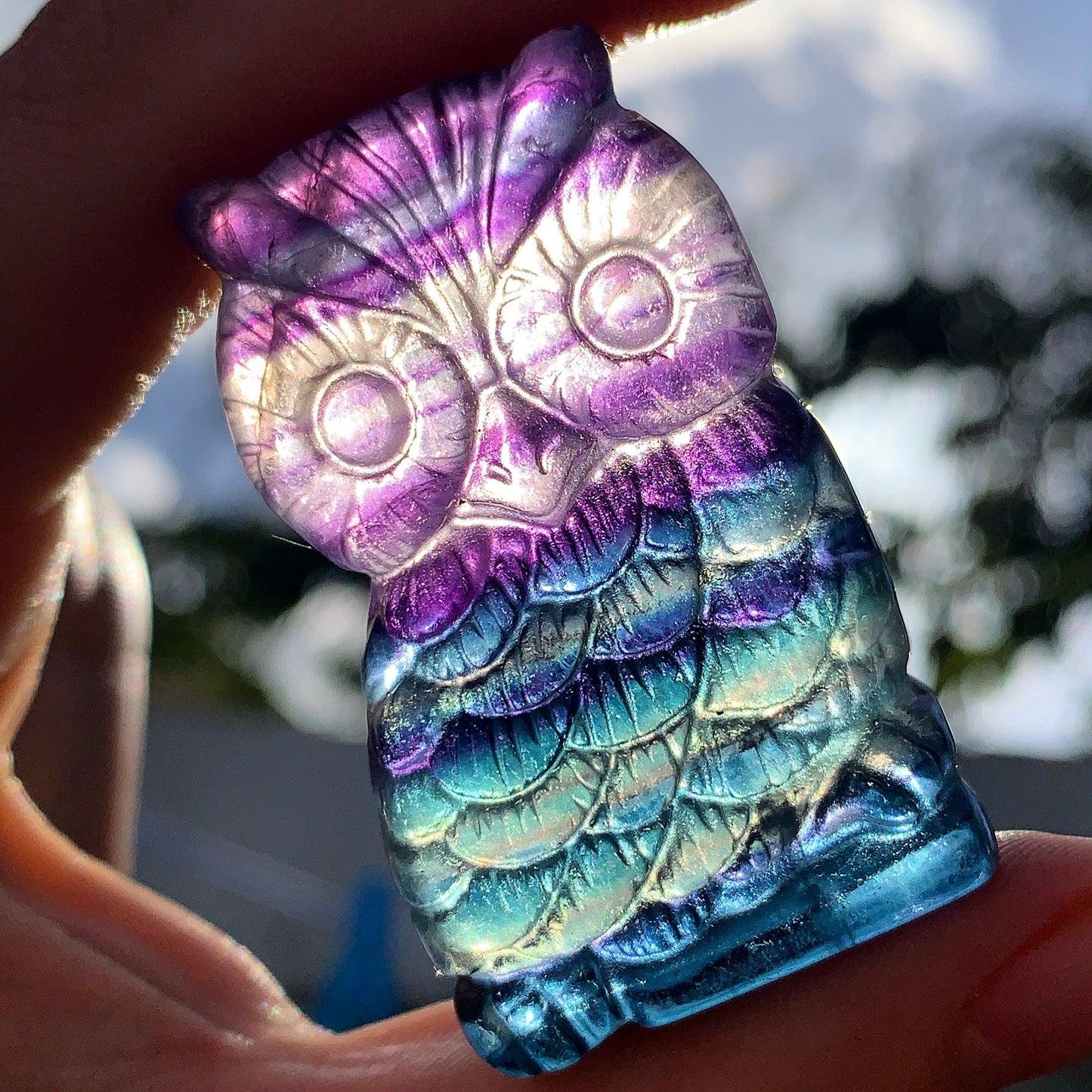 Hand Carved Rainbow Fluorite Owl