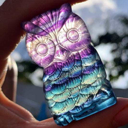 Hand Carved Rainbow Fluorite Owl