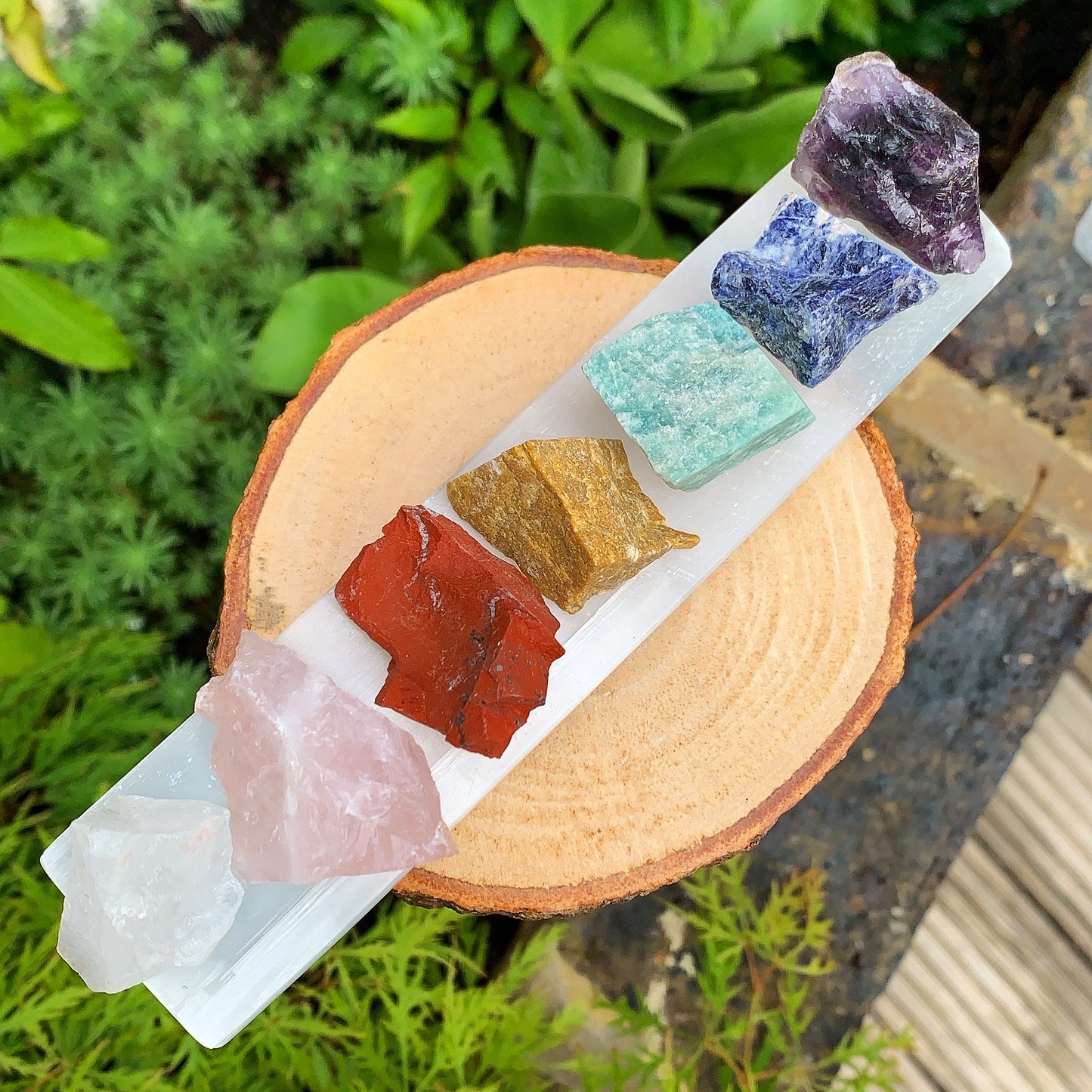 Rough Chakra Stones & Selenite Wand Set