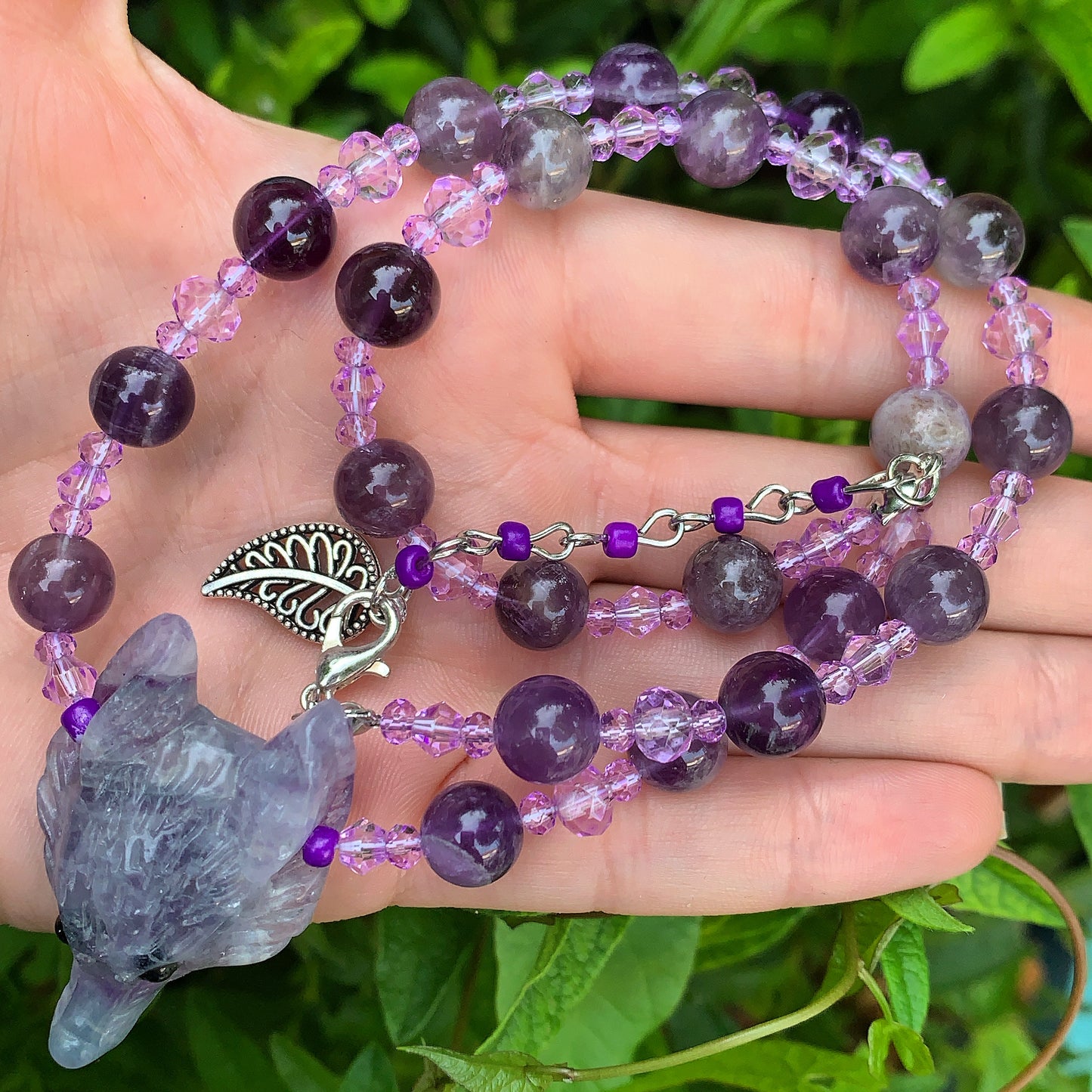 Fluorite & Amethyst Wolf Necklace