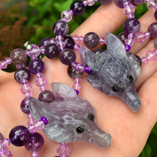Fluorite & Amethyst Wolf Necklace