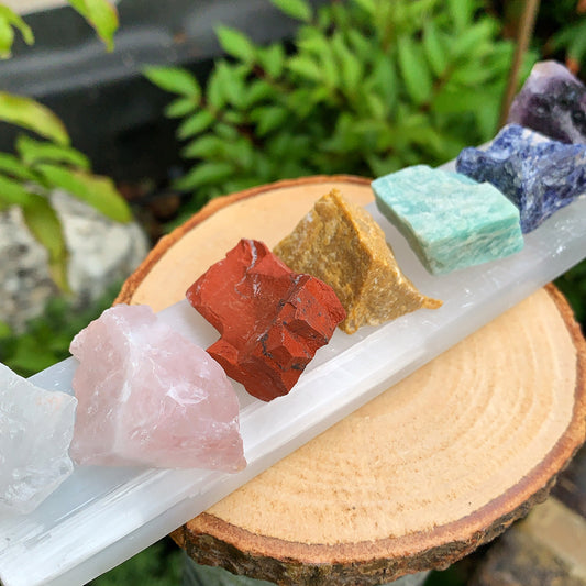 Rough Chakra Stones & Selenite Wand Set