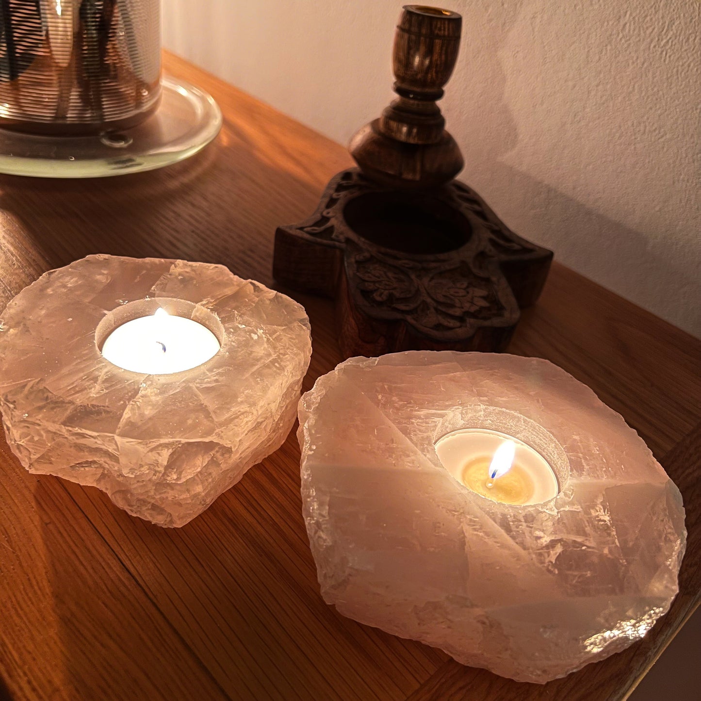 Large Rose Quartz Candle Holder