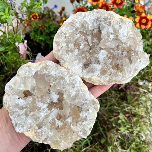 High Grade Quartz Geode Pair 999g