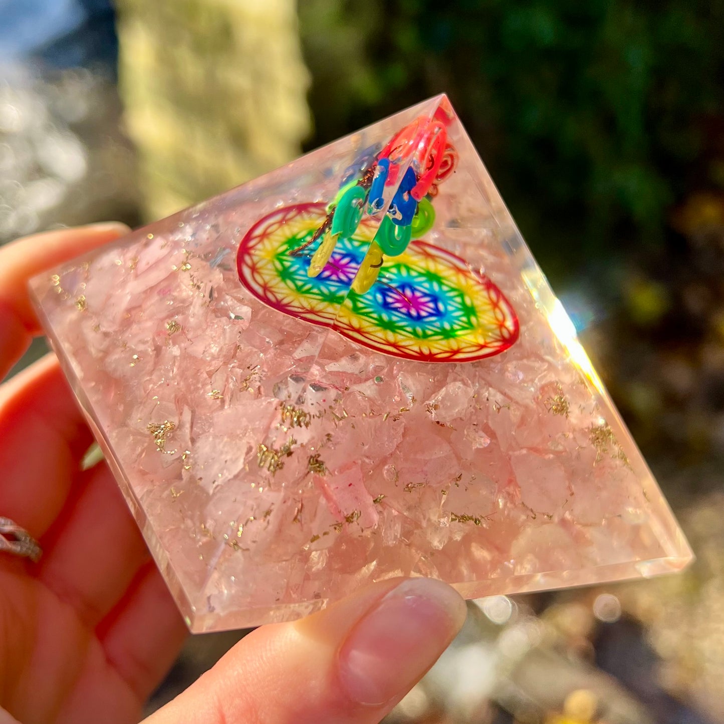 Orgonite Pyramid - Rose Quartz Rainbow Flower of Life