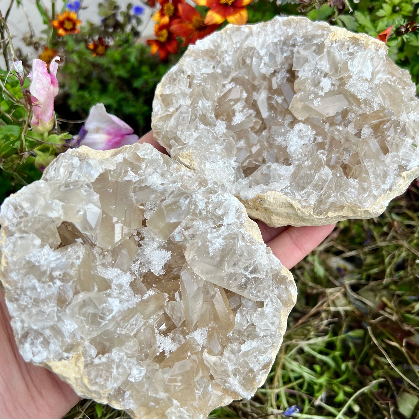 High Grade Quartz Geode Pair 999g