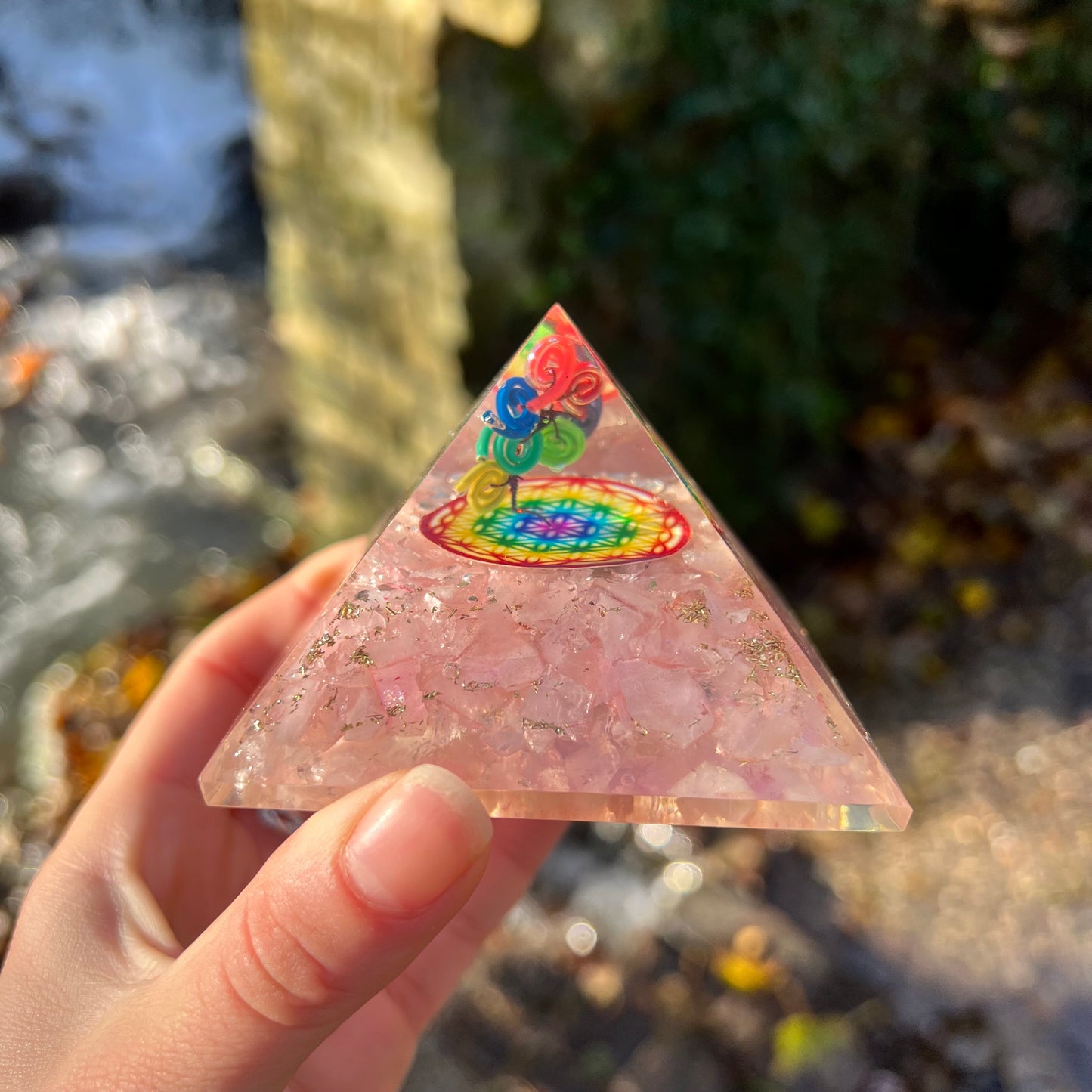 Orgonite Pyramid - Rose Quartz Rainbow Flower of Life