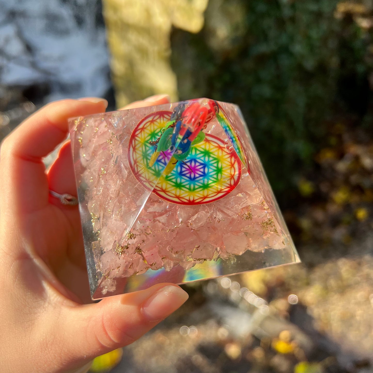 Orgonite Pyramid - Rose Quartz Rainbow Flower of Life