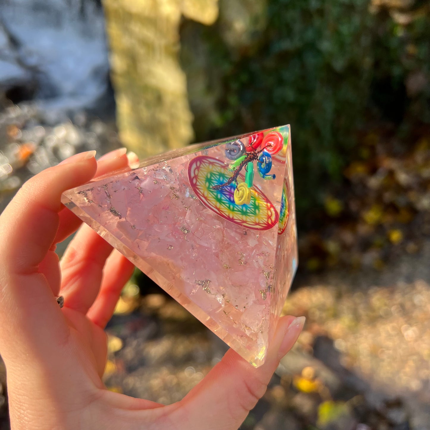 Orgonite Pyramid - Rose Quartz Rainbow Flower of Life