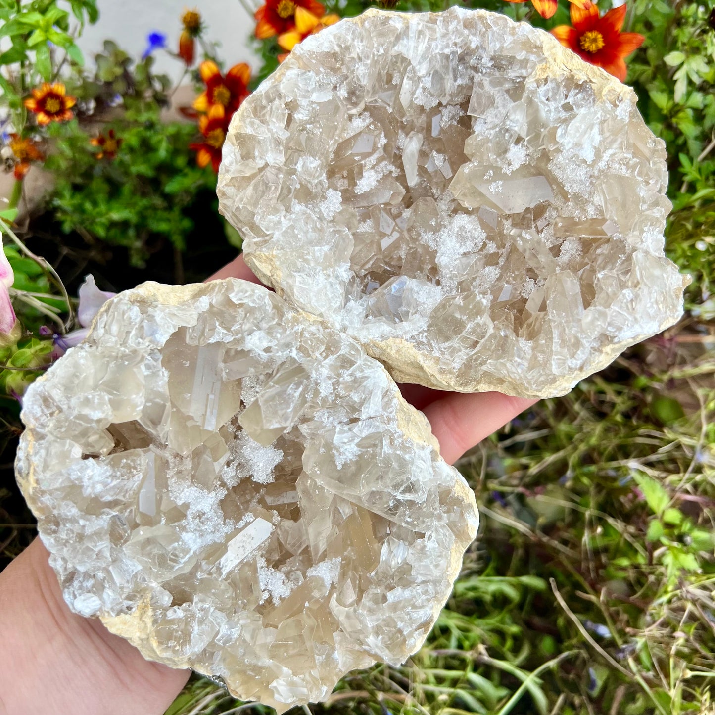 High Grade Quartz Geode Pair 999g